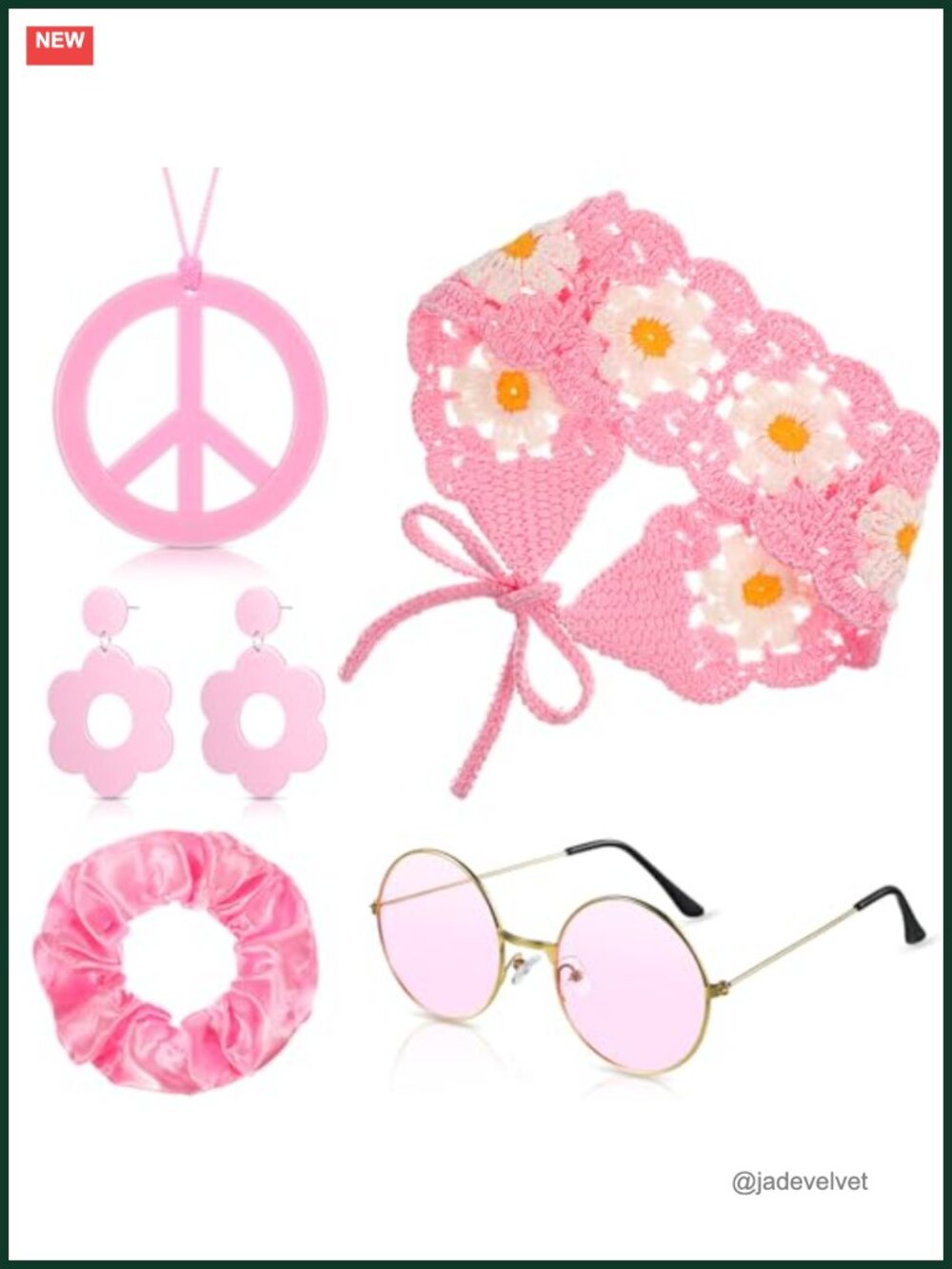 5 PC 70s Hippie Costume Accessory Set Peace Necklace Flower Earrings Bandana